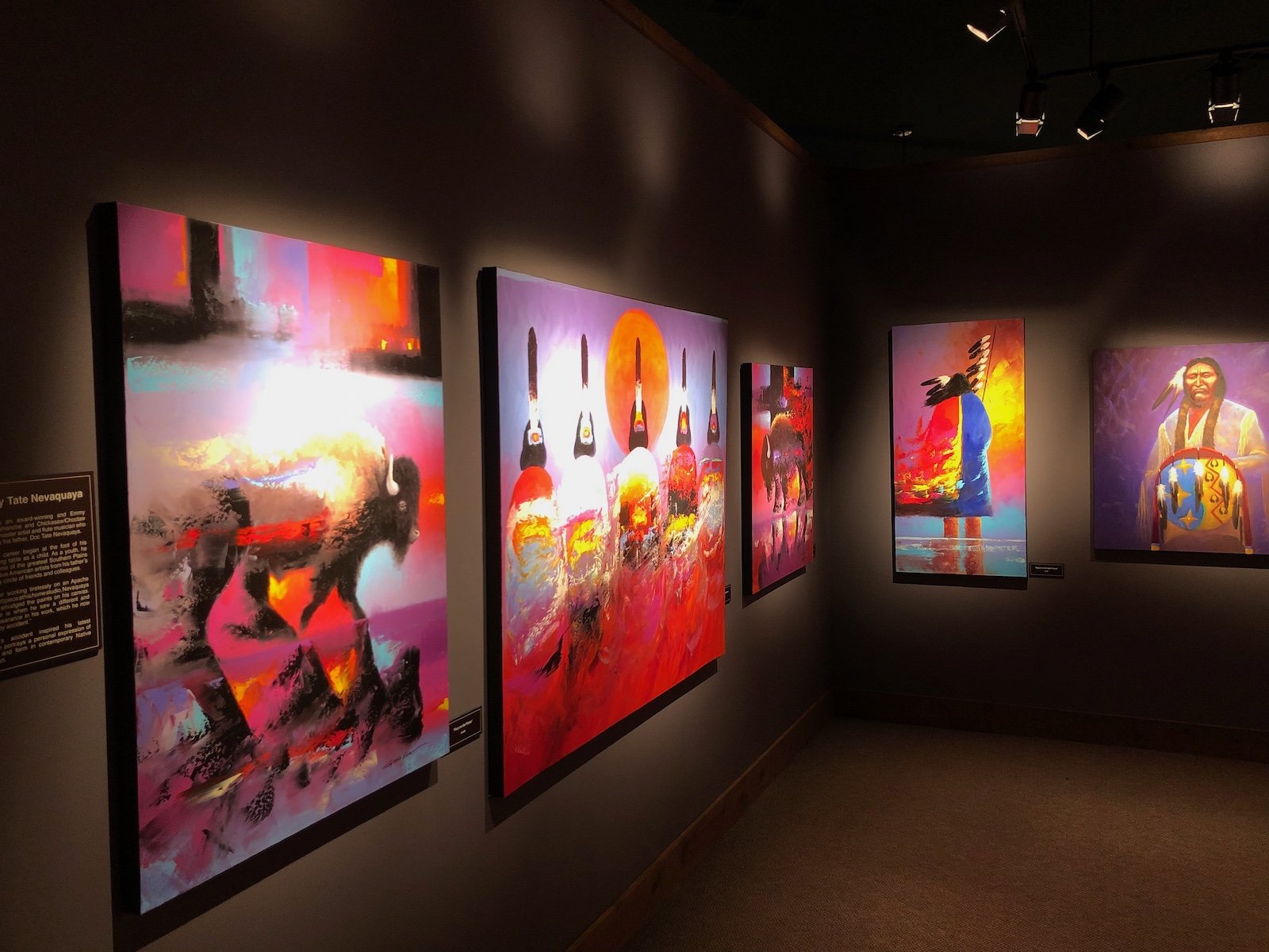 Garis Gallery of American West Art — theatrical lighting on Timothy Tate Nevaquaya paintings