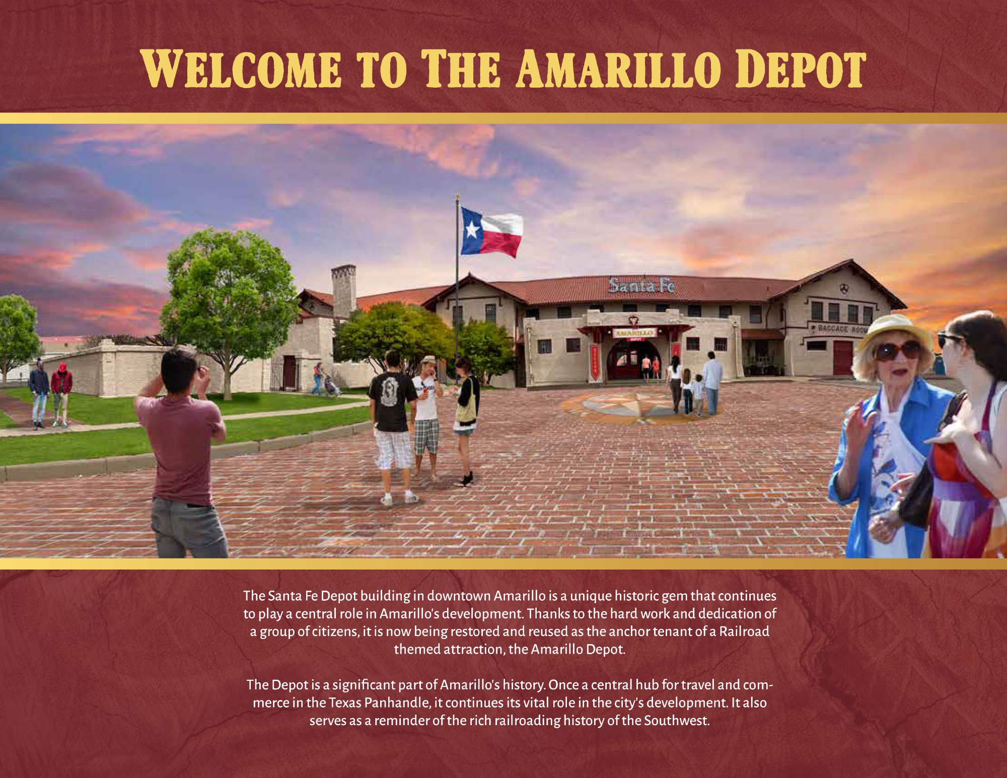 Amarillo Depot destination concept rendering showing the completed campus with visitors